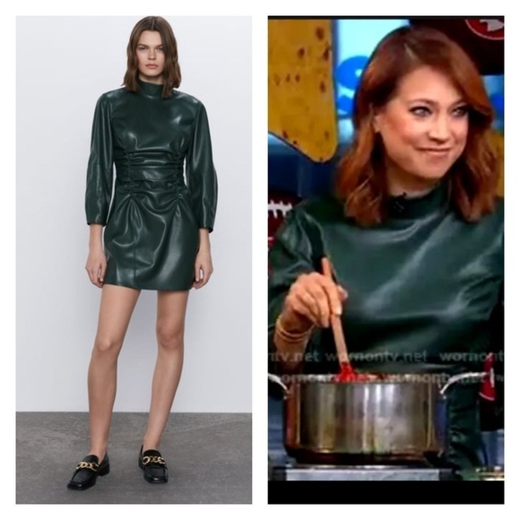 ZARA Dark Green Long Sleeve Ruched Faux Leather Mini Dress Medium NEW Blogger - Picture 1 of 14